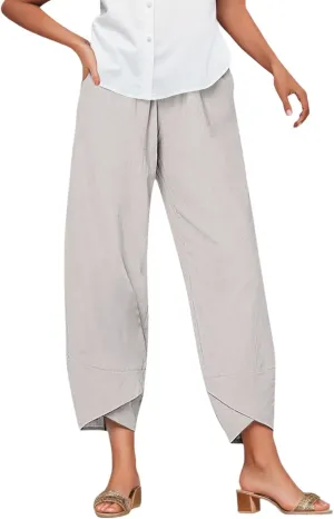 Linen Pants Women Casual Summer Capris Lightweight Cropped Pant Baggy Palazzo Pants Soft Wide Leg Trousers Pants with Pockets