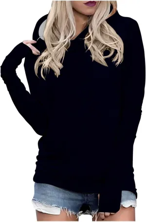 Long Sleeve Shirts for Women Comfy Baggy Oversized Pullover Tops with Thumb Holes Hoodies Solid Color Tunic Blouses