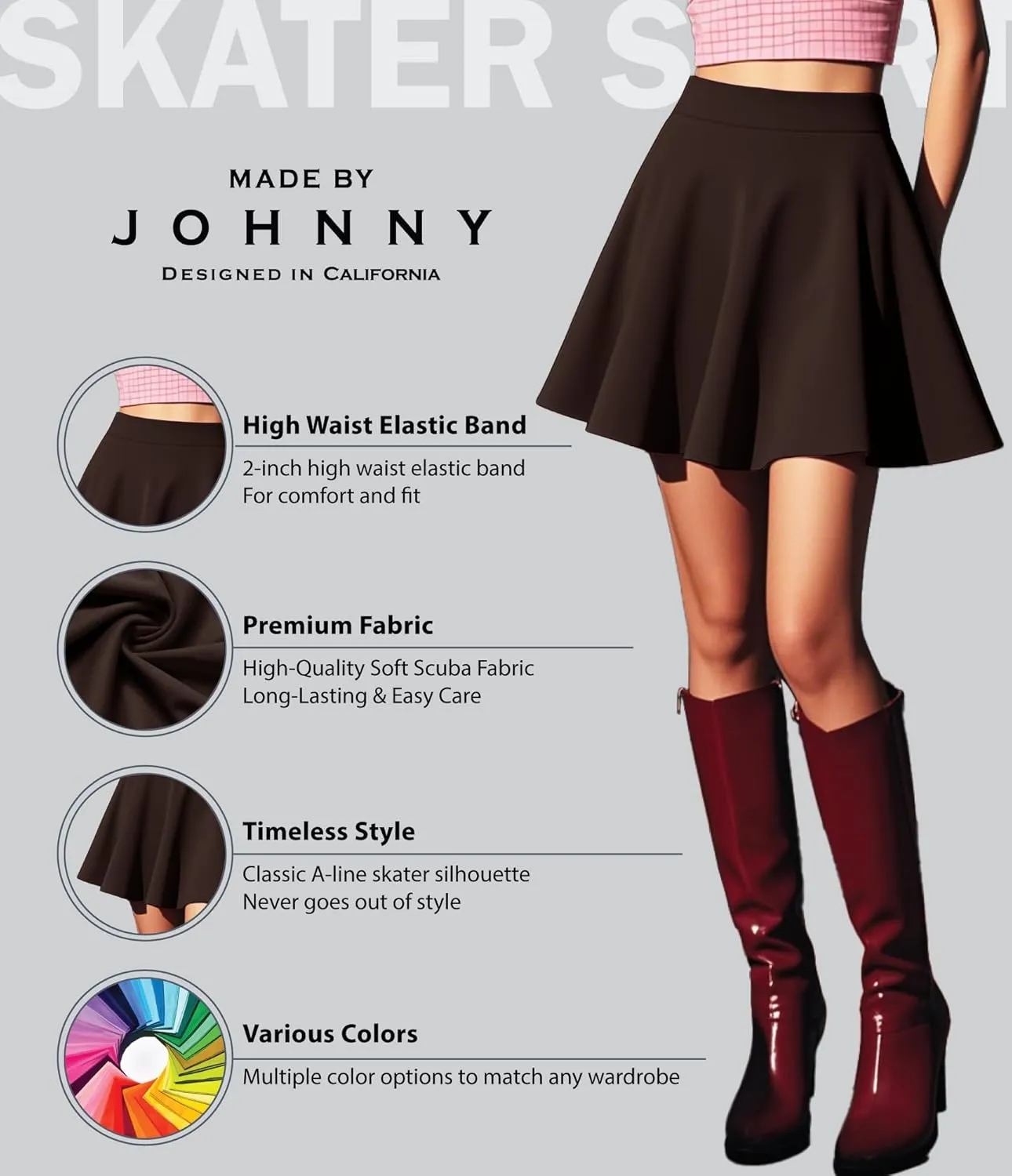 Made By Johnny Women's Basic Versatile Stretchy Flared Casual Mini Skater Skirt XS-3XL Plus Size