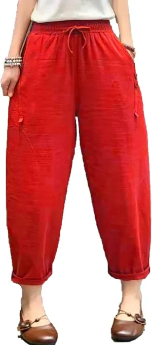 Maiyifu-GJ Women Linen Drawstring Cropped Pants Summer Soft Casual Elastic Waist Trousers Wide Leg Cropped Pant with Pockets