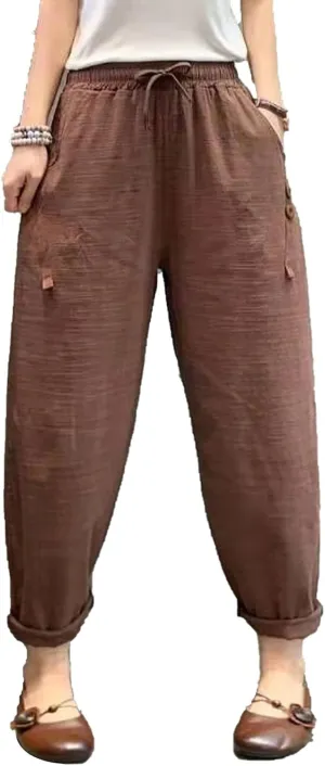 Maiyifu-GJ Women Linen Drawstring Cropped Pants Summer Soft Casual Elastic Waist Trousers Wide Leg Cropped Pant with Pockets