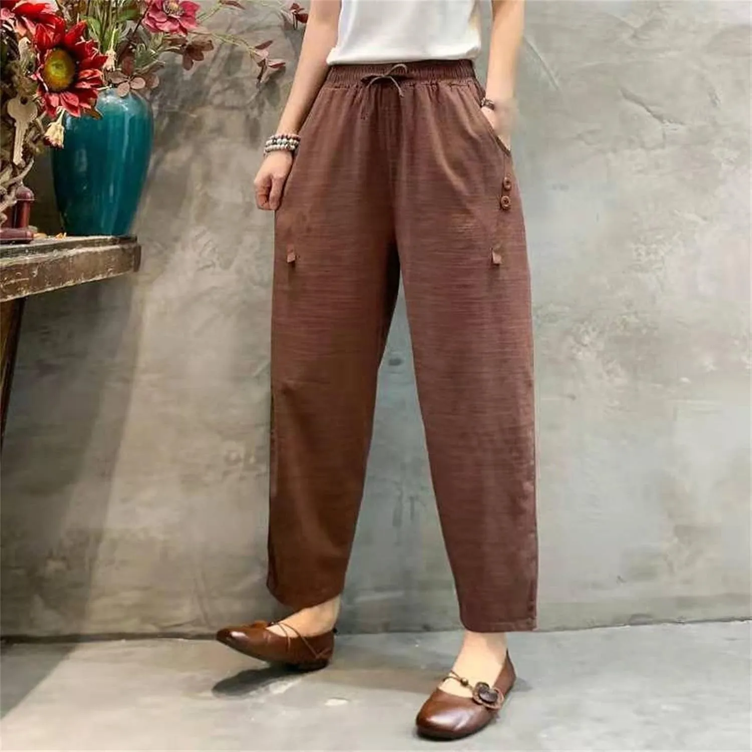 Maiyifu-GJ Women Linen Drawstring Cropped Pants Summer Soft Casual Elastic Waist Trousers Wide Leg Cropped Pant with Pockets