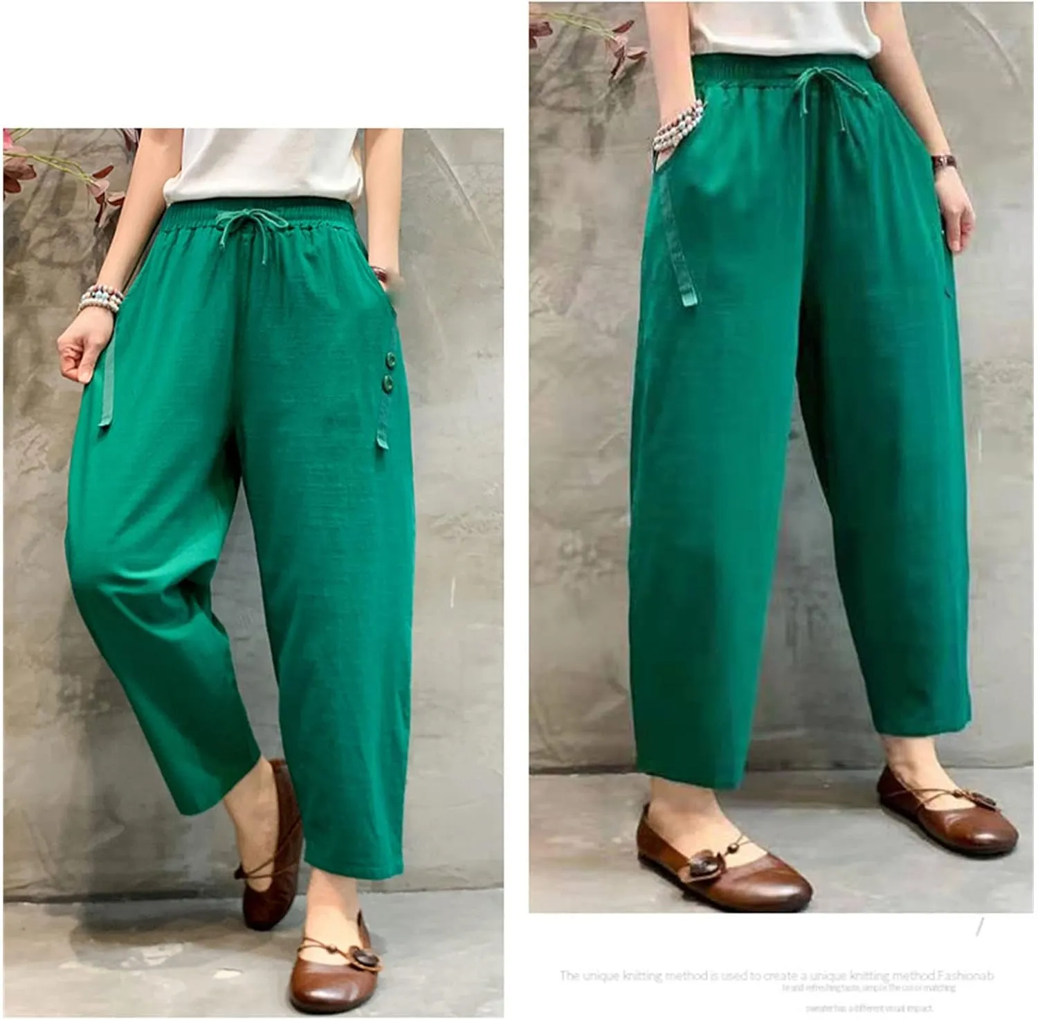 Maiyifu-GJ Women Linen Drawstring Cropped Pants Summer Soft Casual Elastic Waist Trousers Wide Leg Cropped Pant with Pockets