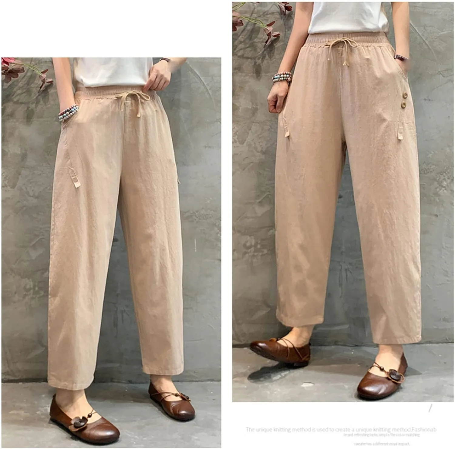 Maiyifu-GJ Women Linen Drawstring Cropped Pants Summer Soft Casual Elastic Waist Trousers Wide Leg Cropped Pant with Pockets