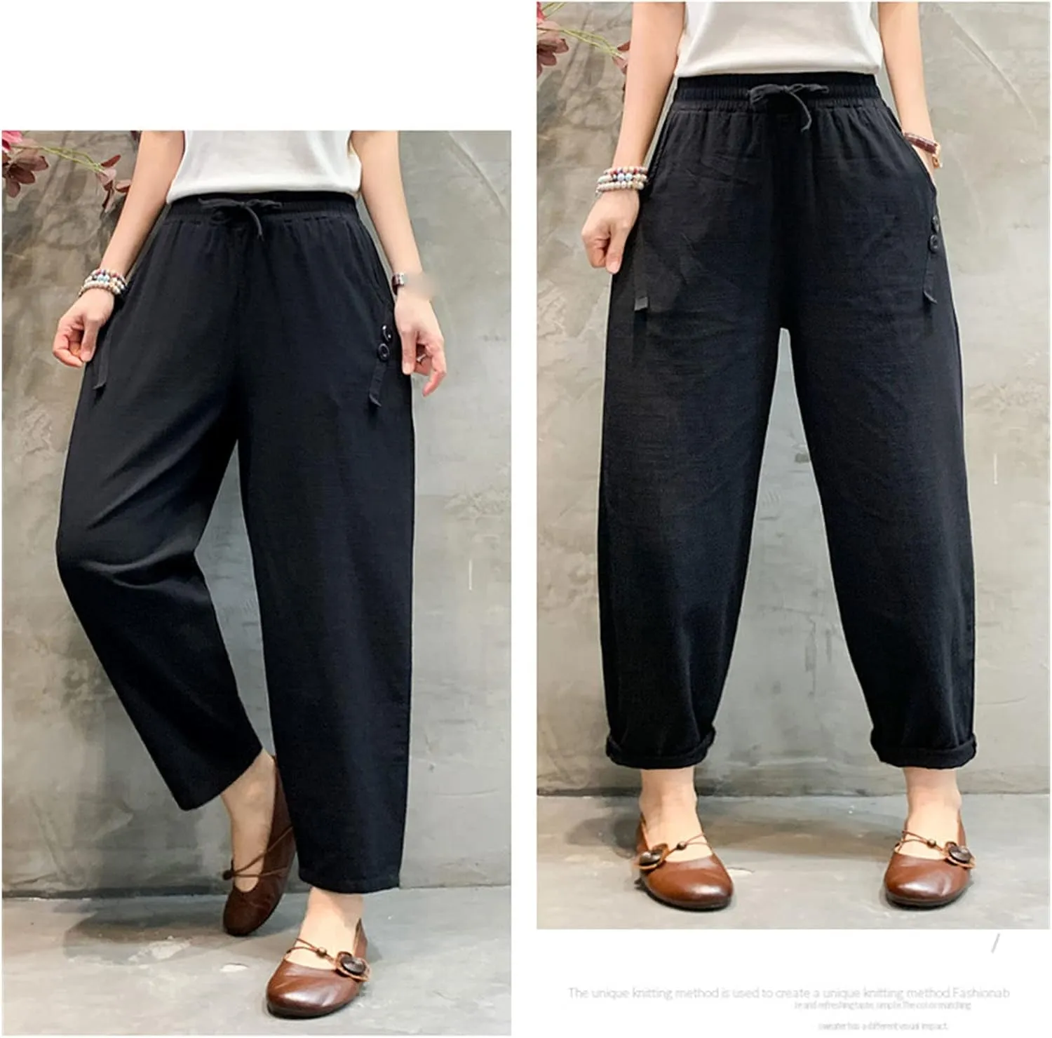 Maiyifu-GJ Women Linen Drawstring Cropped Pants Summer Soft Casual Elastic Waist Trousers Wide Leg Cropped Pant with Pockets