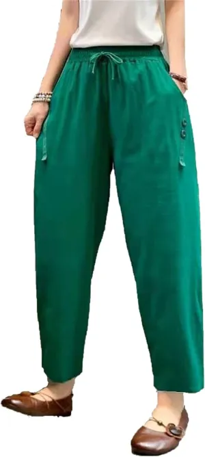 Maiyifu-GJ Women Linen Drawstring Cropped Pants Summer Soft Casual Elastic Waist Trousers Wide Leg Cropped Pant with Pockets