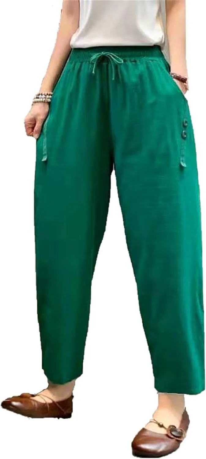 Maiyifu-GJ Women Linen Drawstring Cropped Pants Summer Soft Casual Elastic Waist Trousers Wide Leg Cropped Pant with Pockets