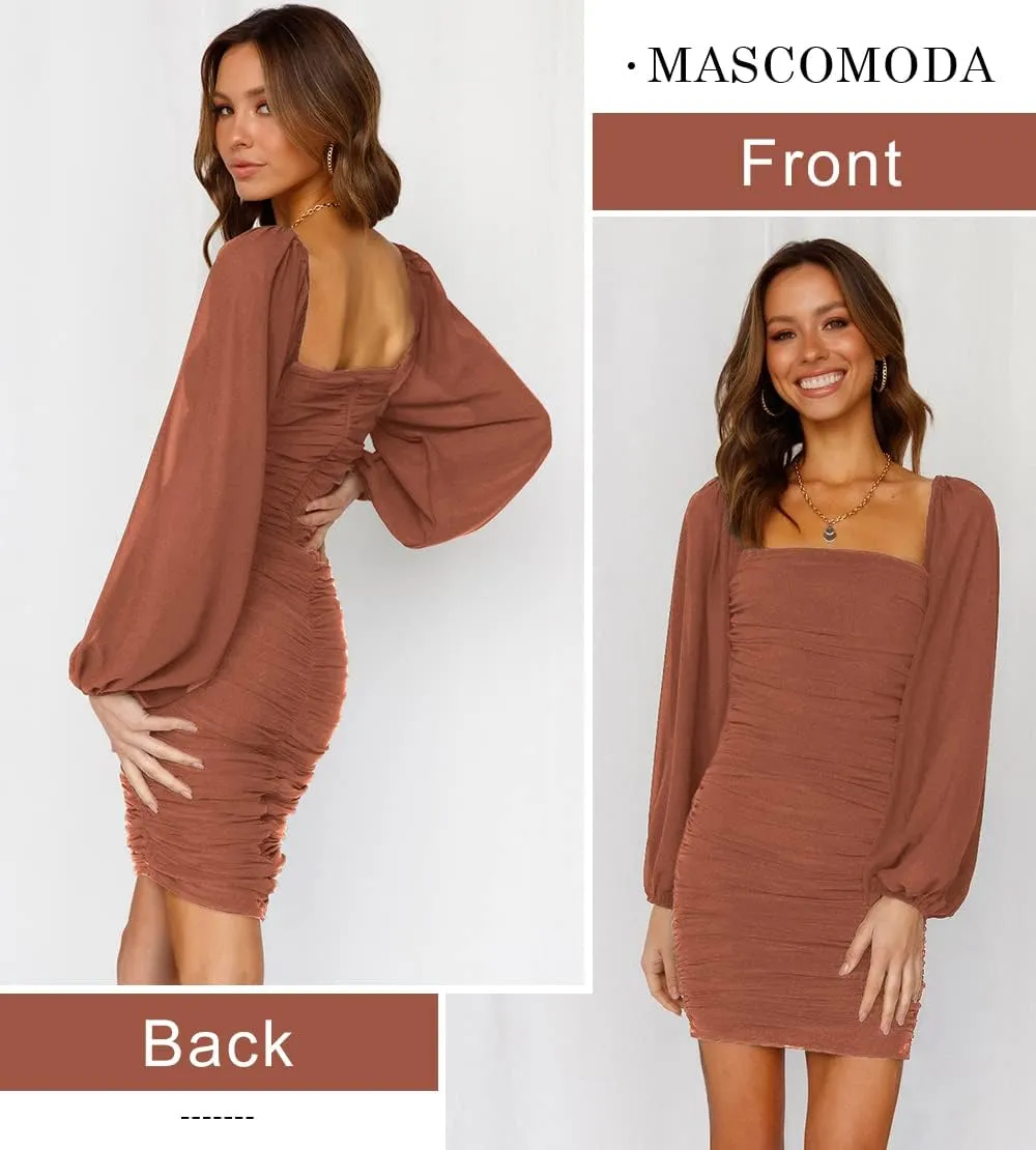 MASCOMODA Women Elegant Square Neck Lantern Long Sleeve Mini Ruched Bodycon Dress Stretch Mesh Slim Party Cocktail Dresses