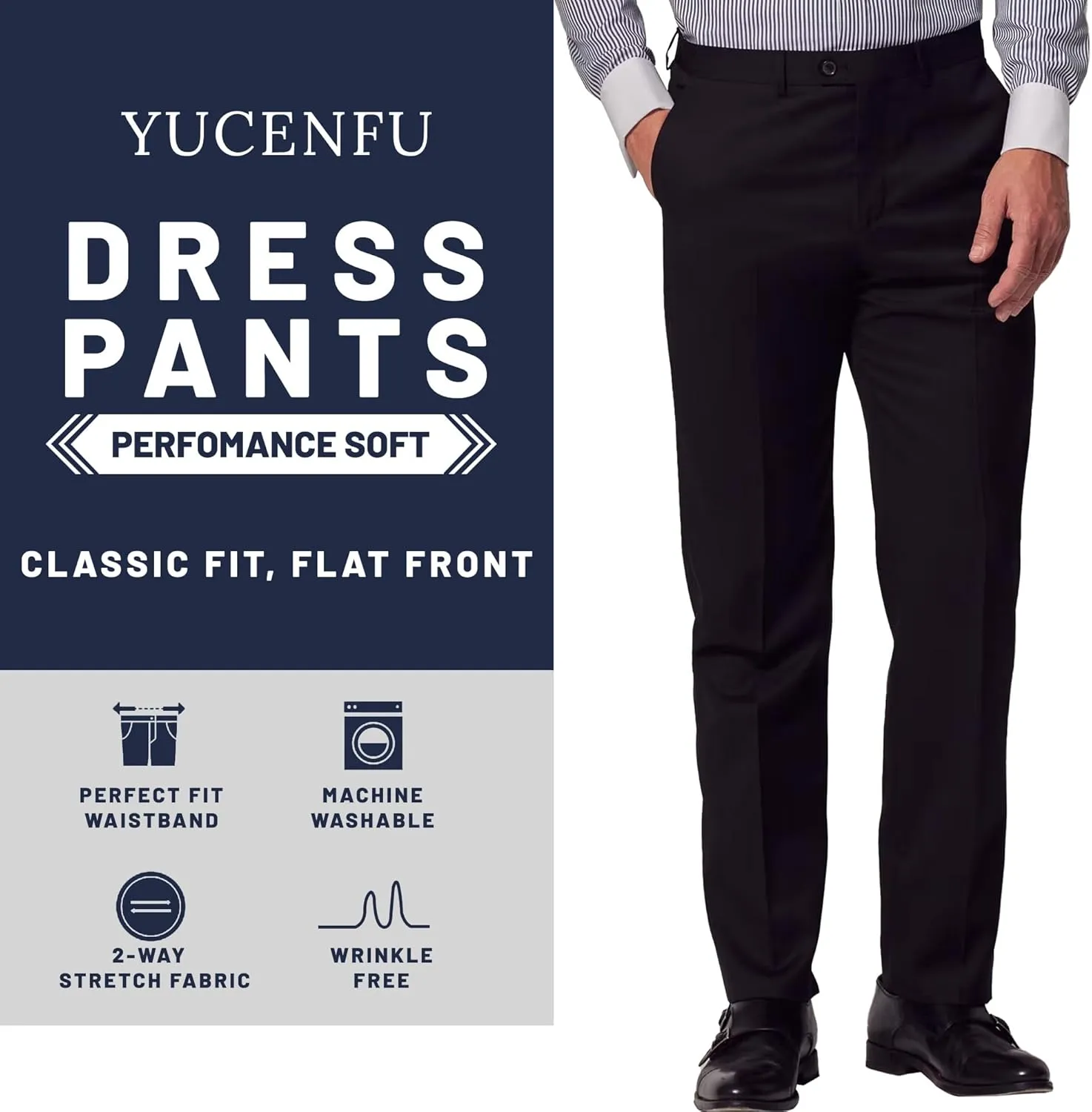 Men's Hidden Extendable Waist Fit Straight Legs Flat Front Wrinkle Free Mid-Rise Dress Pants