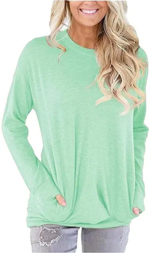Muyise Womens Casual Long Sleeve Tunic Tops Solid Color Crew Neck Comfy Pullover Sweatshirts Loose Fit Blouses with Pockets