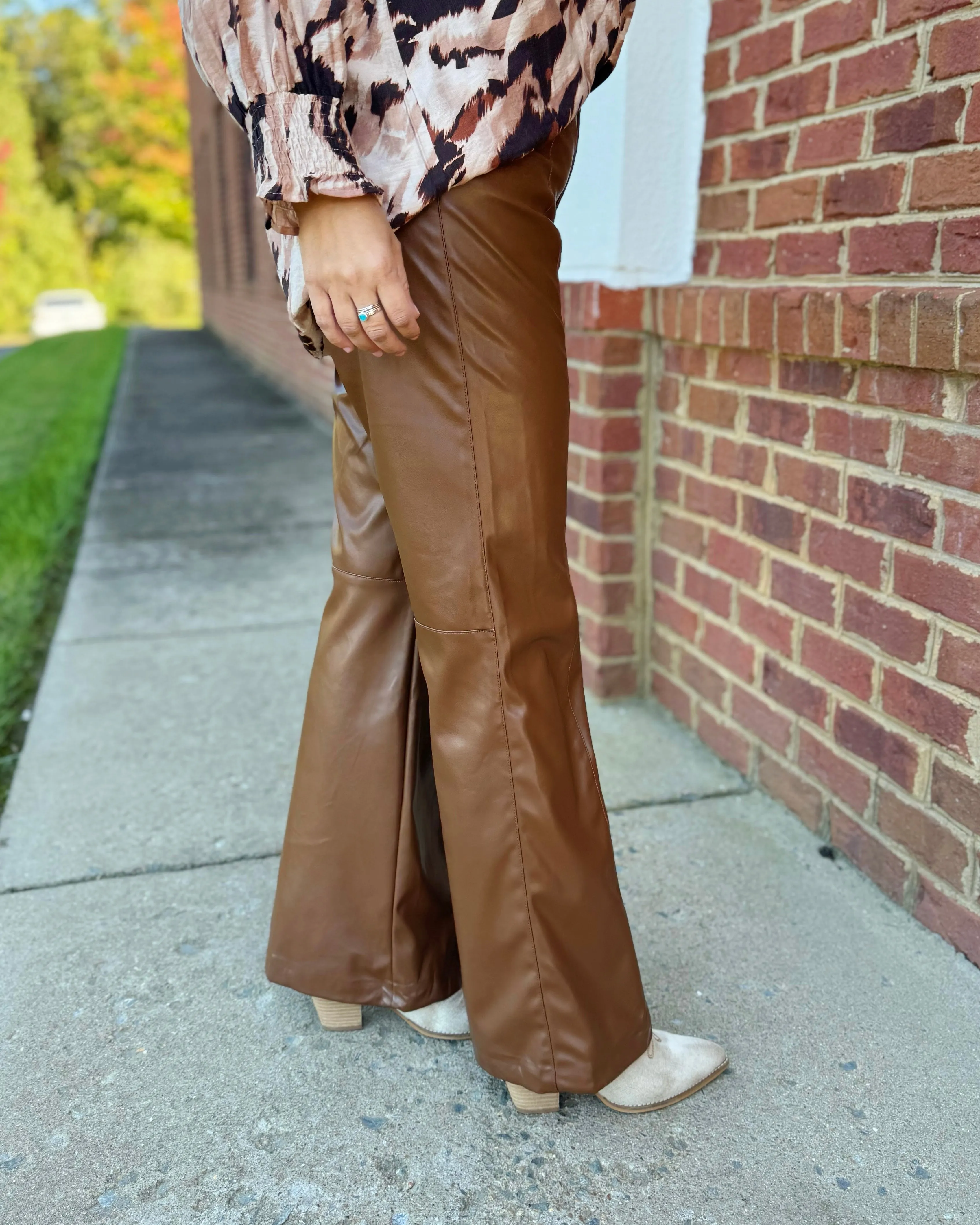 Naomi Faux Leather Flare Pants in Brown FINAL SALE