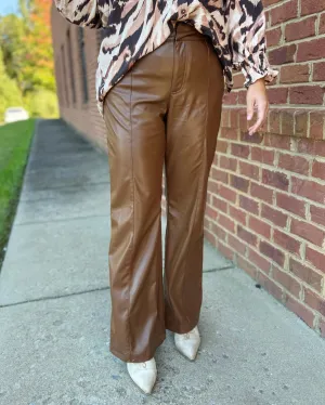 Naomi Faux Leather Flare Pants in Brown FINAL SALE