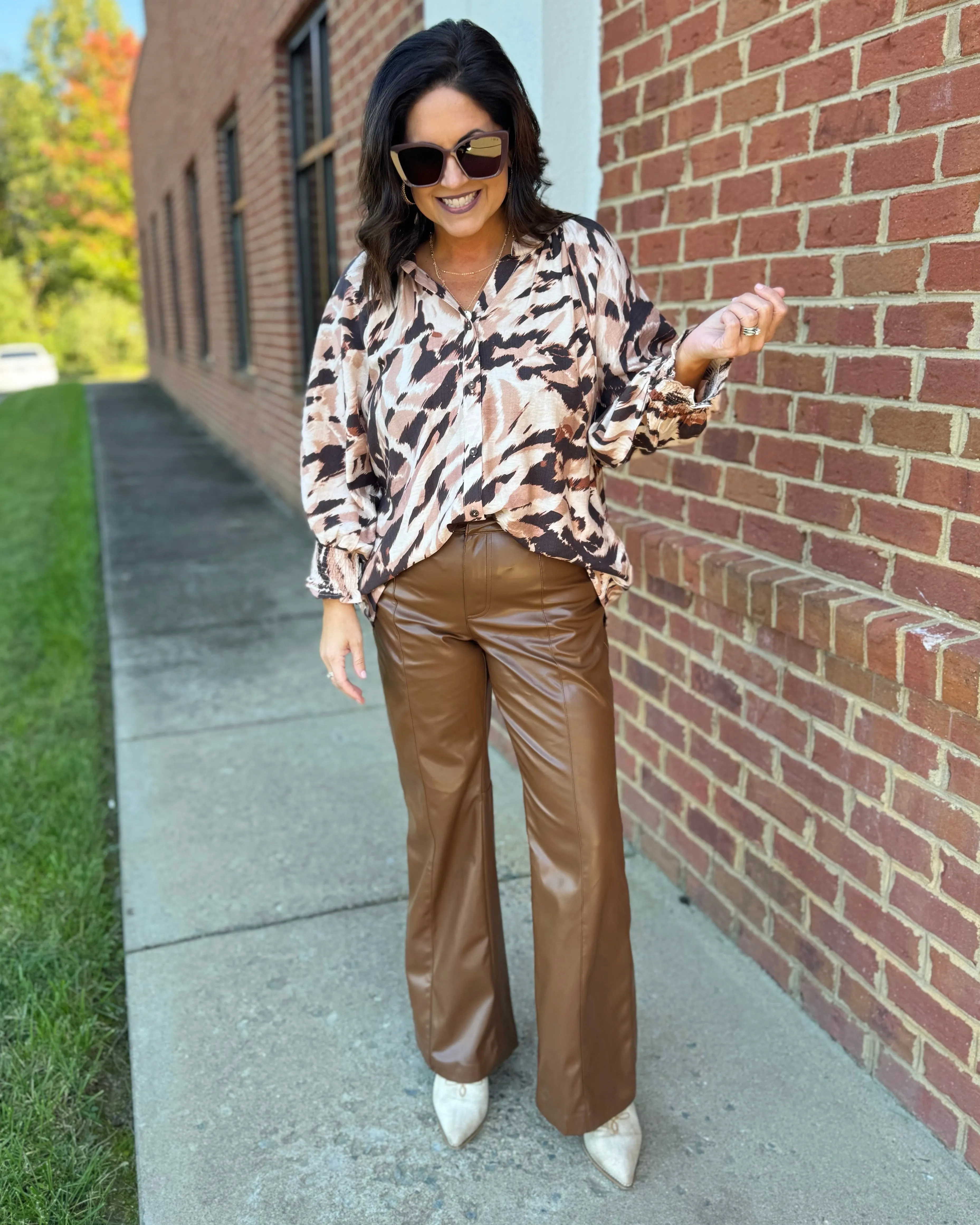Naomi Faux Leather Flare Pants in Brown FINAL SALE