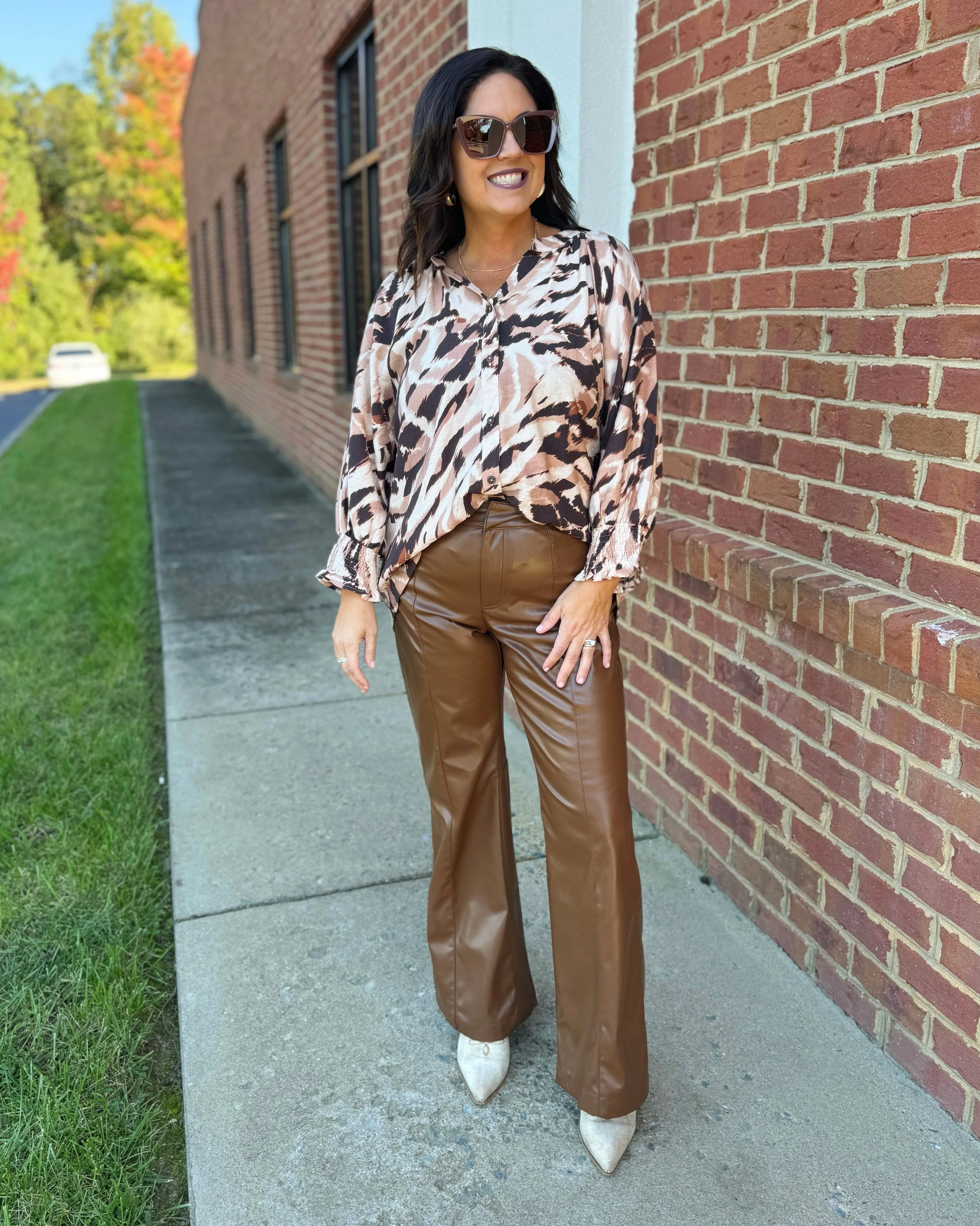 Naomi Faux Leather Flare Pants in Brown FINAL SALE