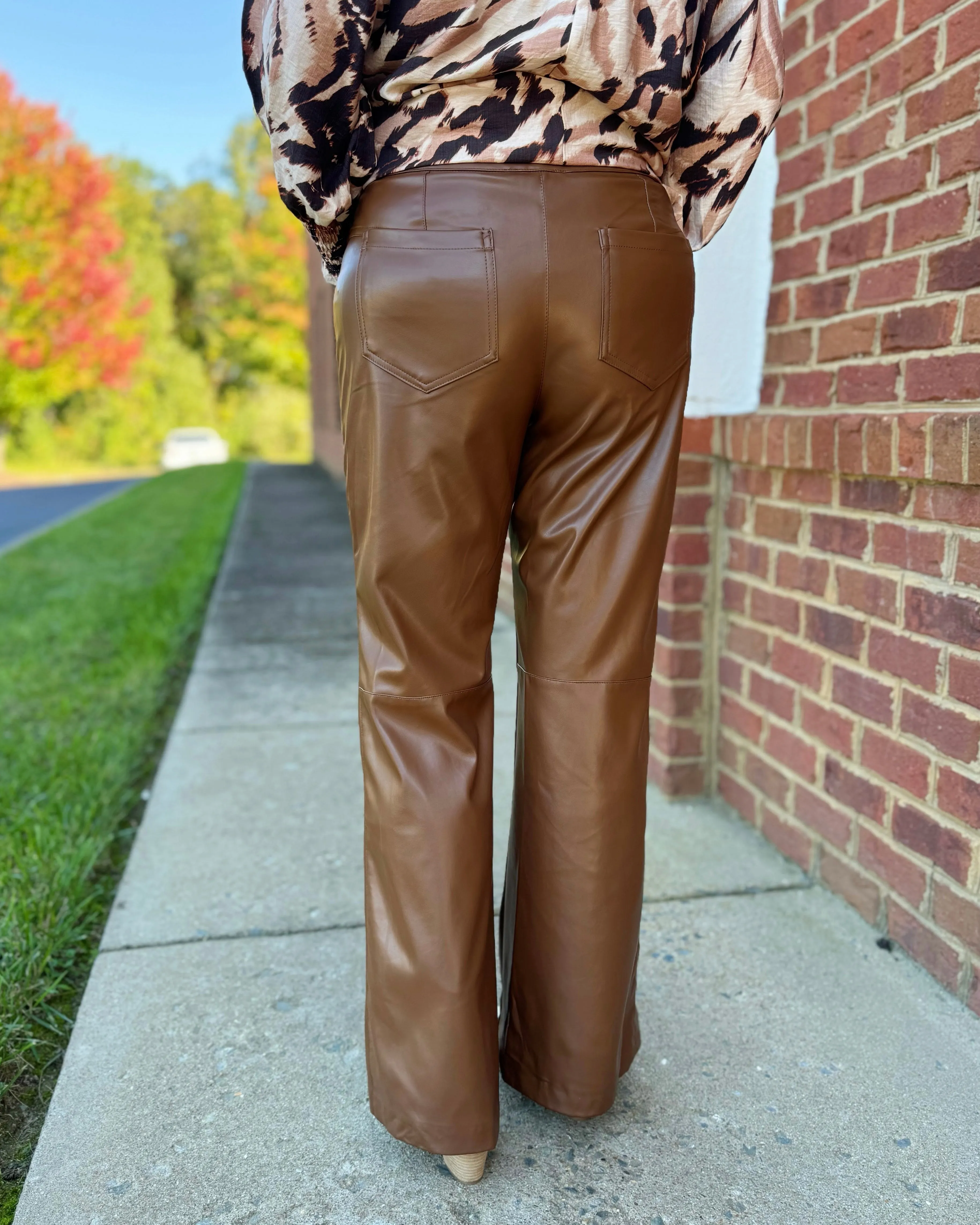 Naomi Faux Leather Flare Pants in Brown FINAL SALE