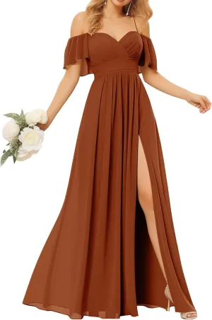 Off Shoulder Bridesmaid Dresses for Women - Long Chiffon Pleated Formal Evening Dress with Slit