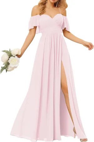 Off Shoulder Bridesmaid Dresses for Women - Long Chiffon Pleated Formal Evening Dress with Slit
