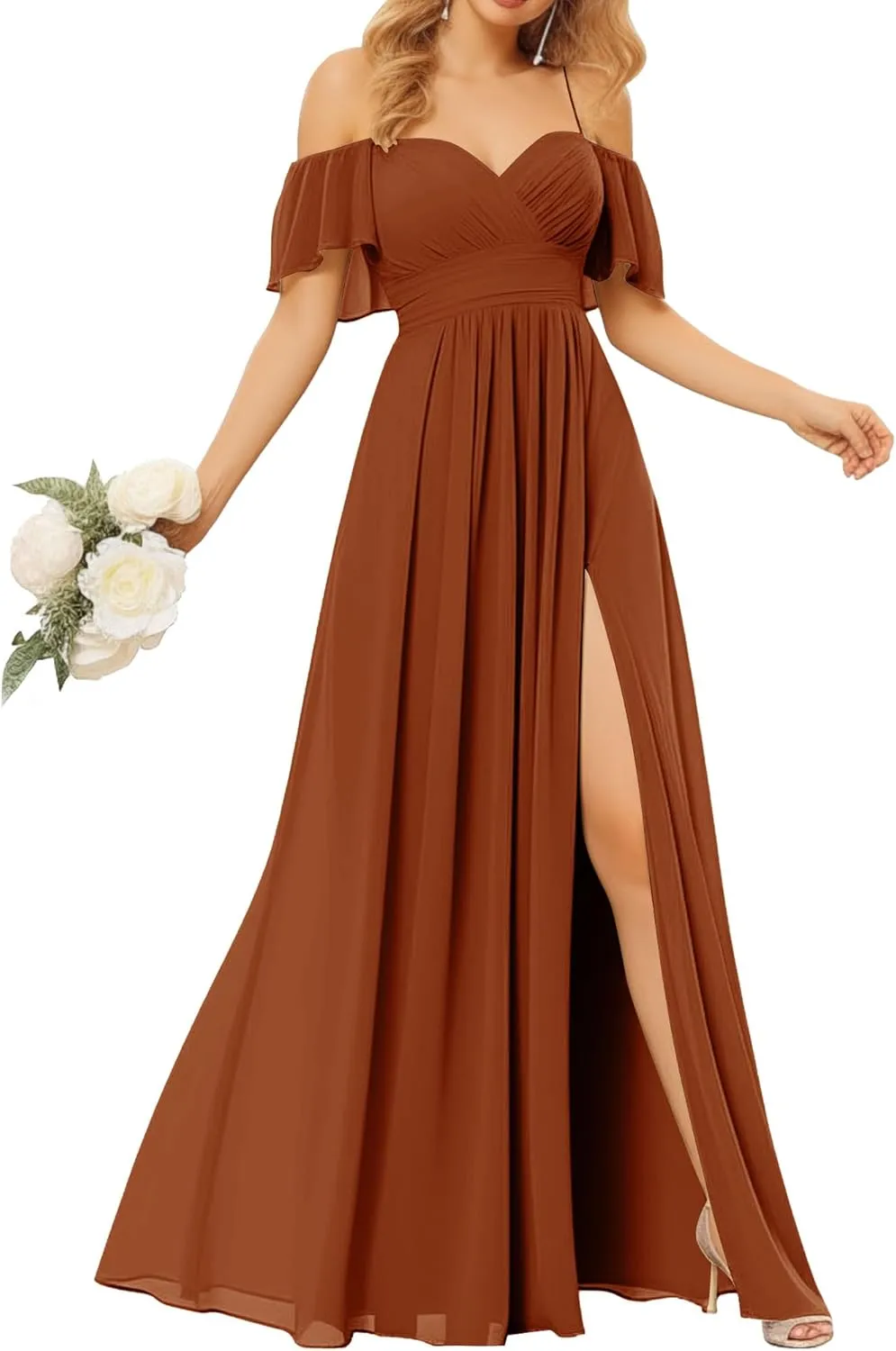 Off Shoulder Bridesmaid Dresses for Women - Long Chiffon Pleated Formal Evening Dress with Slit