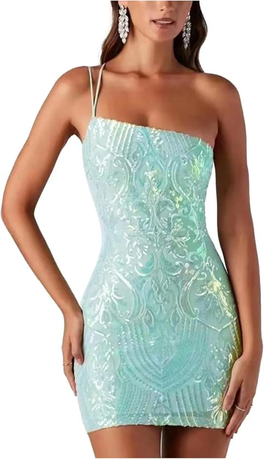 One Shoulder Short Homecoming Dresses for Teens Sparkly Sequin HOCO Dresses for Women Bodycon Mini Dress Rave Party Nightclub