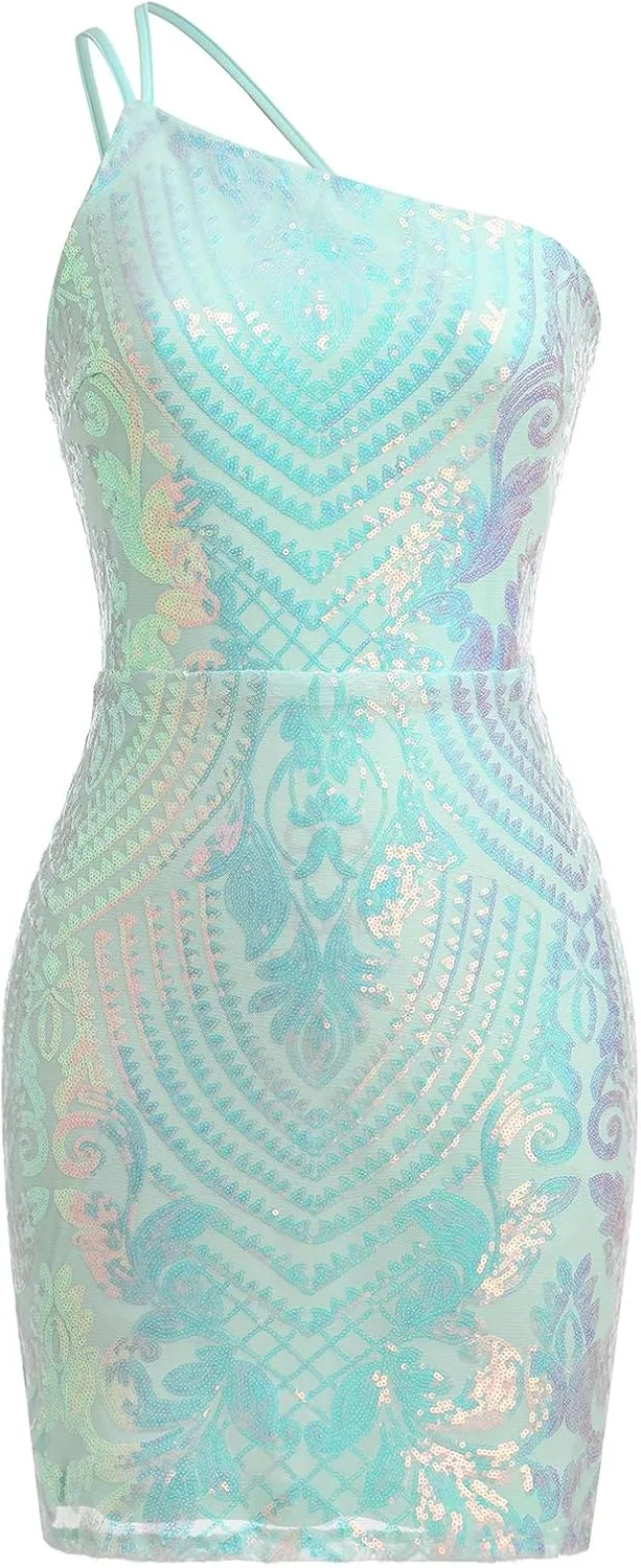 One Shoulder Short Homecoming Dresses for Teens Sparkly Sequin HOCO Dresses for Women Bodycon Mini Dress Rave Party Nightclub