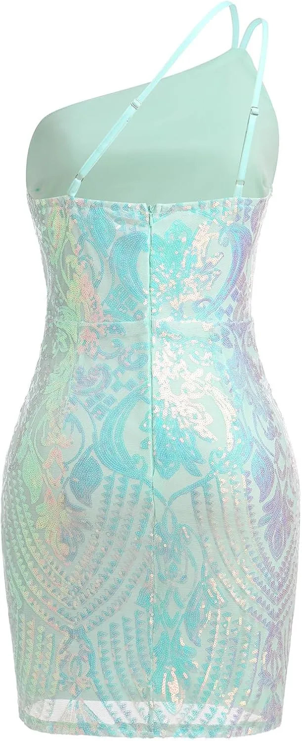 One Shoulder Short Homecoming Dresses for Teens Sparkly Sequin HOCO Dresses for Women Bodycon Mini Dress Rave Party Nightclub