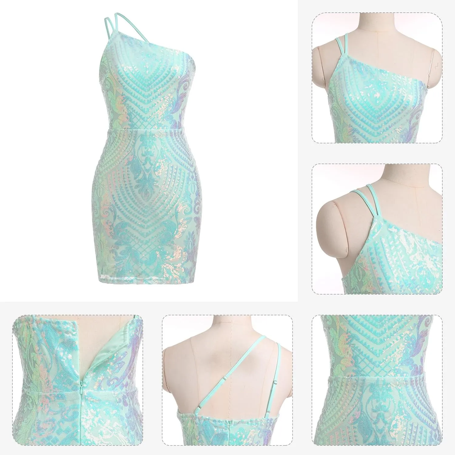 One Shoulder Short Homecoming Dresses for Teens Sparkly Sequin HOCO Dresses for Women Bodycon Mini Dress Rave Party Nightclub