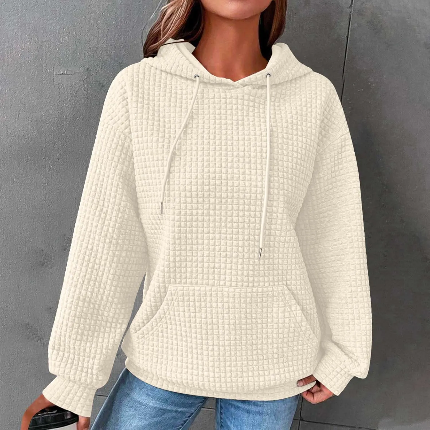 Oversized Hoodies for Women Waffle Pullover Casual Loose Fit Hooded Sweatshirt Long Sleeve Drawstring Tops