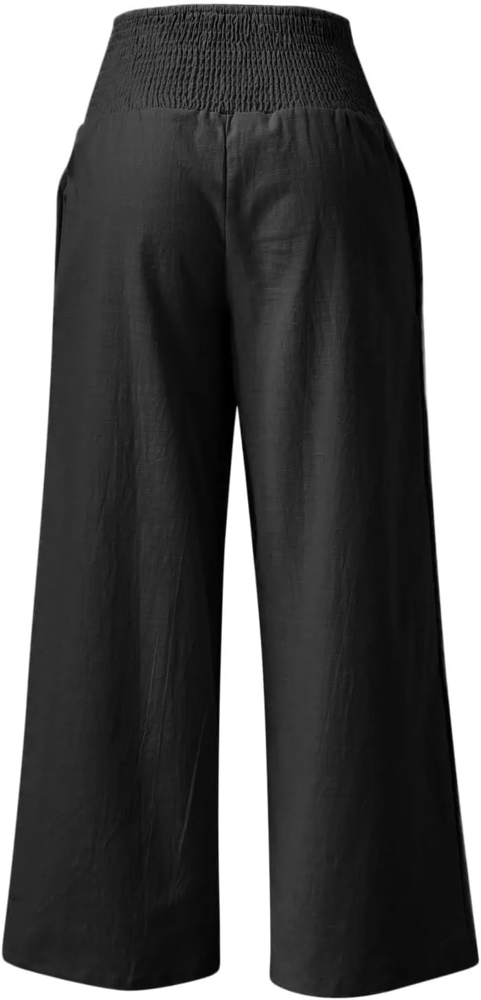 Palazzo Pants Womens Casual Linen High Waist Pants Drawstring Loose Fit Summer Pants Trousers with Side Pockets