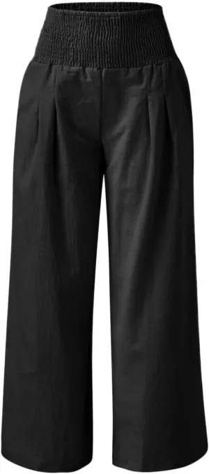 Palazzo Pants Womens Casual Linen High Waist Pants Drawstring Loose Fit Summer Pants Trousers with Side Pockets