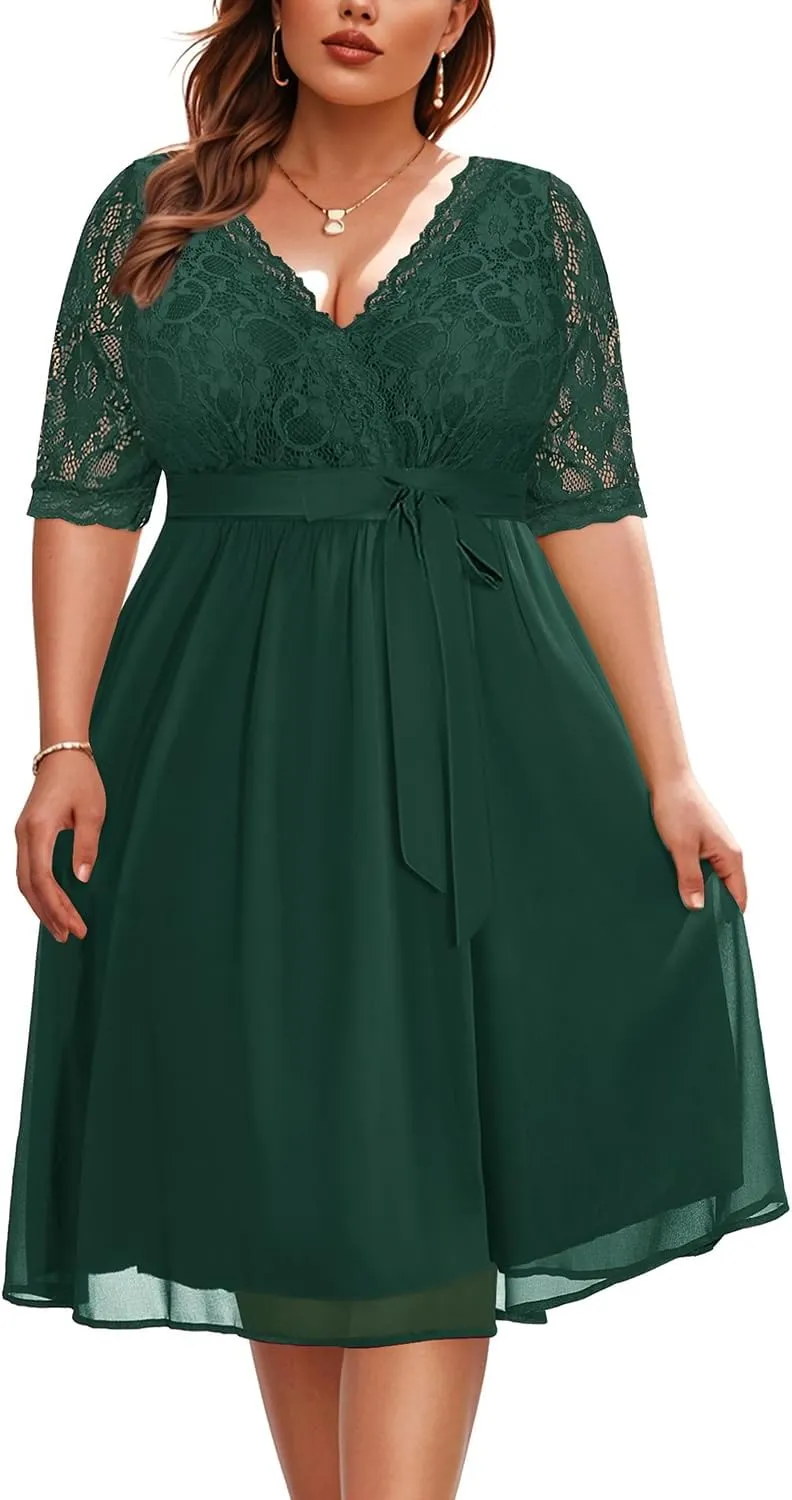 Pinup Fashion Plus Size Lace Chiffon Wrap V Neck Dresses Women Cocktail Wedding Guest Midi Dress