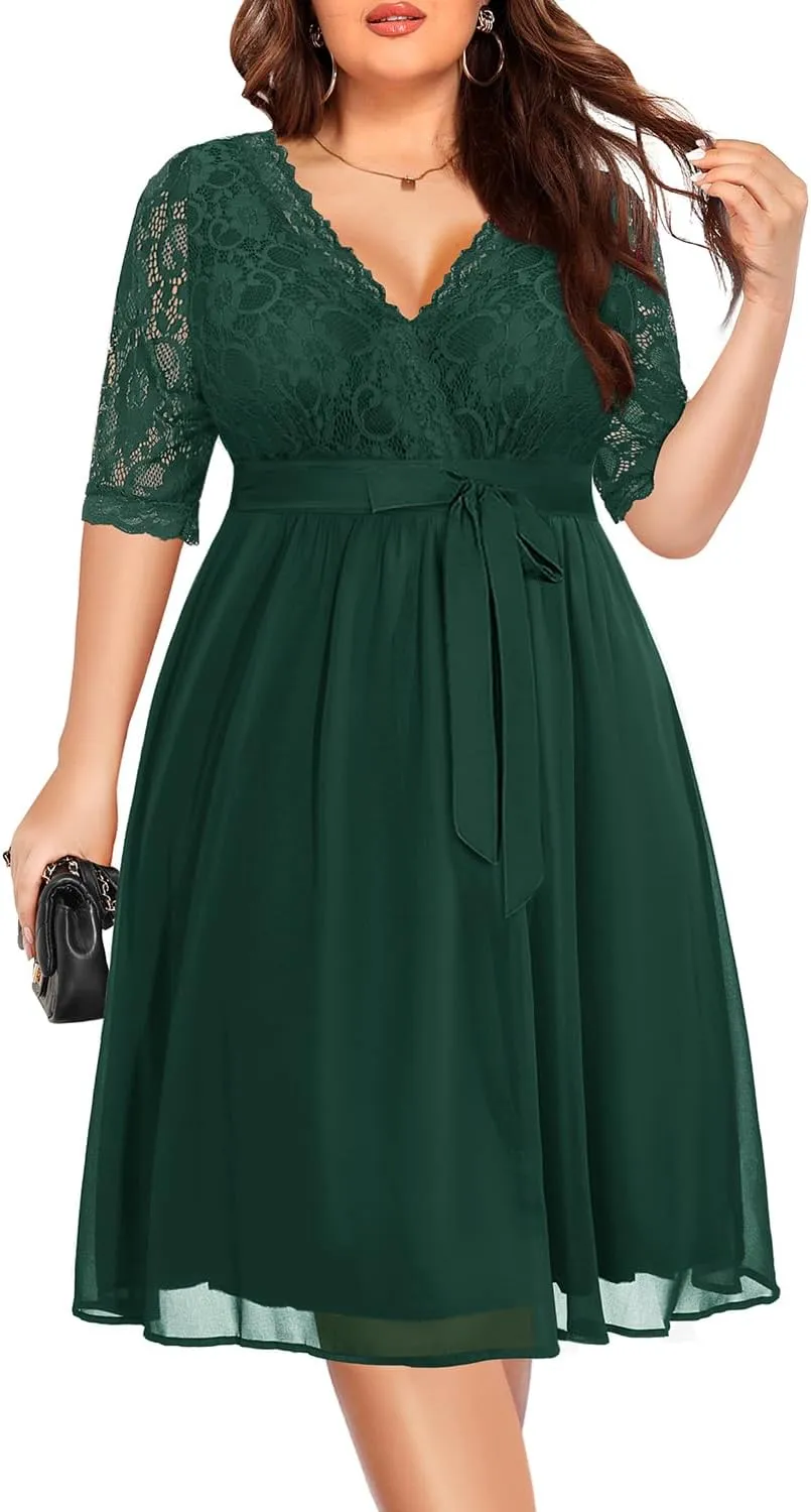 Pinup Fashion Plus Size Lace Chiffon Wrap V Neck Dresses Women Cocktail Wedding Guest Midi Dress