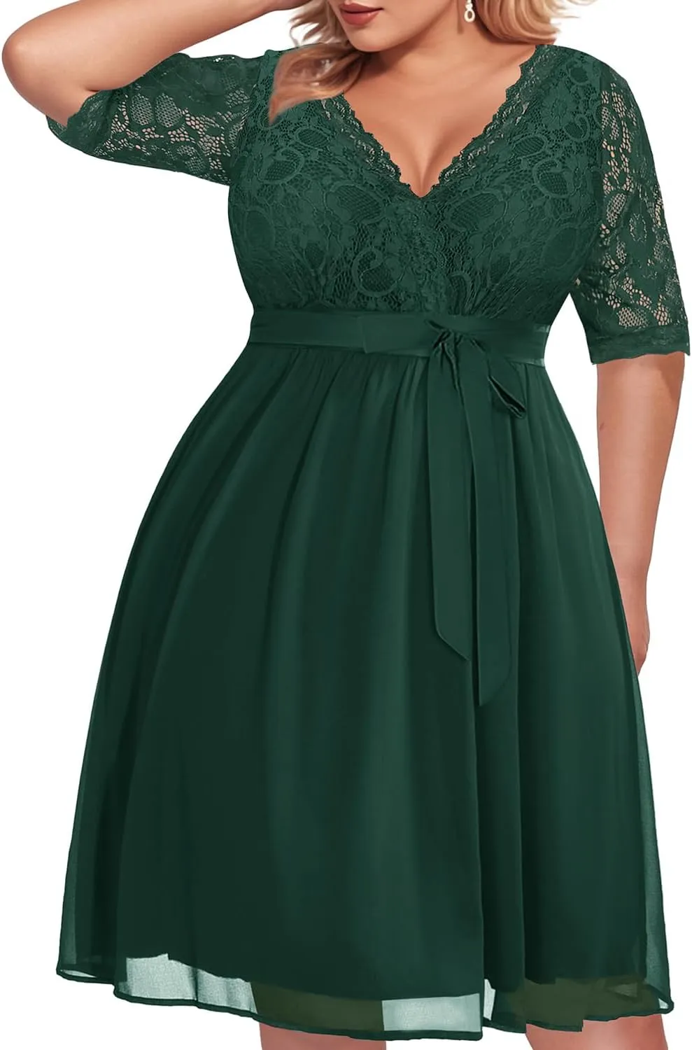 Pinup Fashion Plus Size Lace Chiffon Wrap V Neck Dresses Women Cocktail Wedding Guest Midi Dress