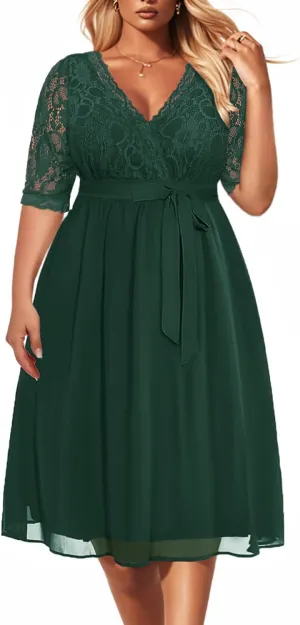 Pinup Fashion Plus Size Lace Chiffon Wrap V Neck Dresses Women Cocktail Wedding Guest Midi Dress