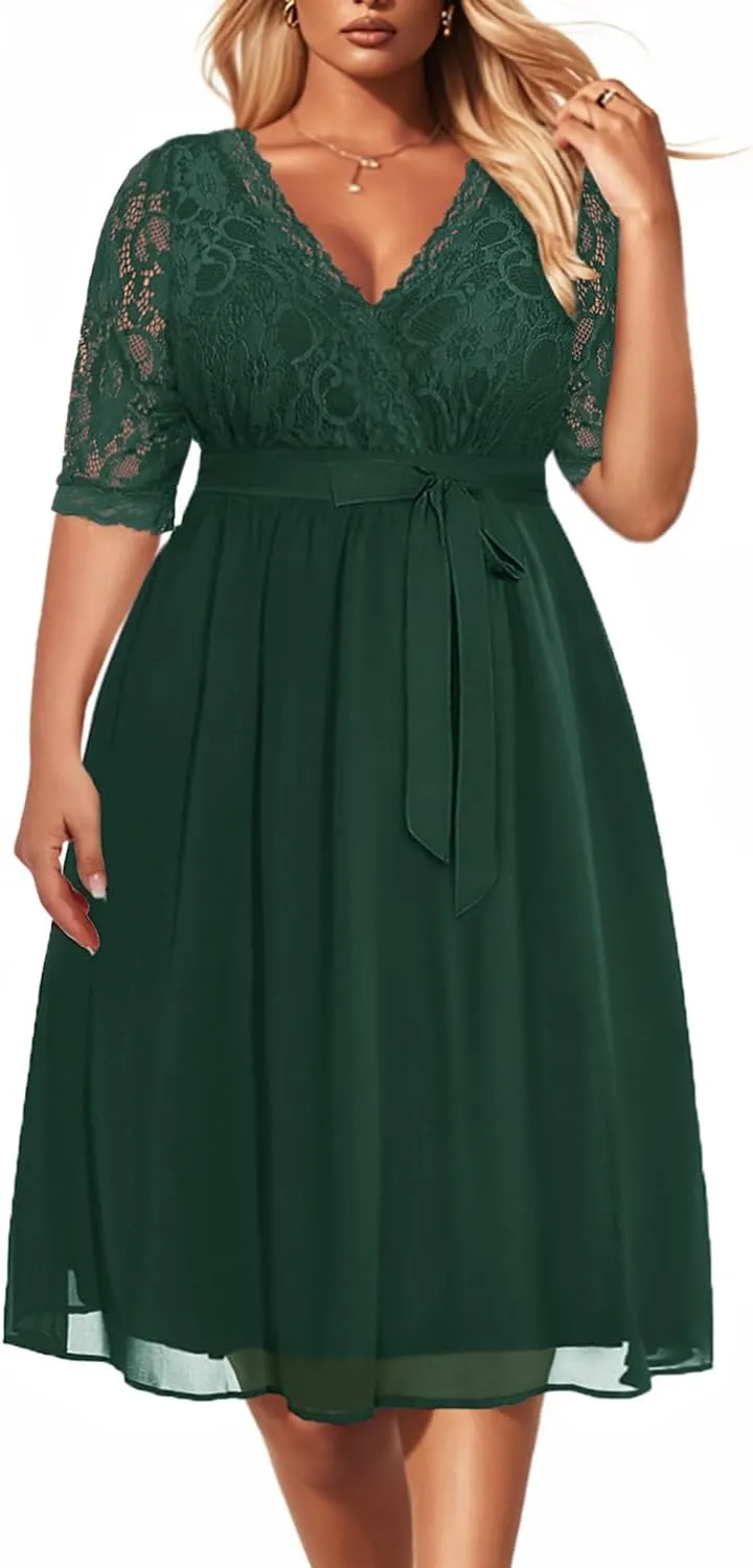 Pinup Fashion Plus Size Lace Chiffon Wrap V Neck Dresses Women Cocktail Wedding Guest Midi Dress