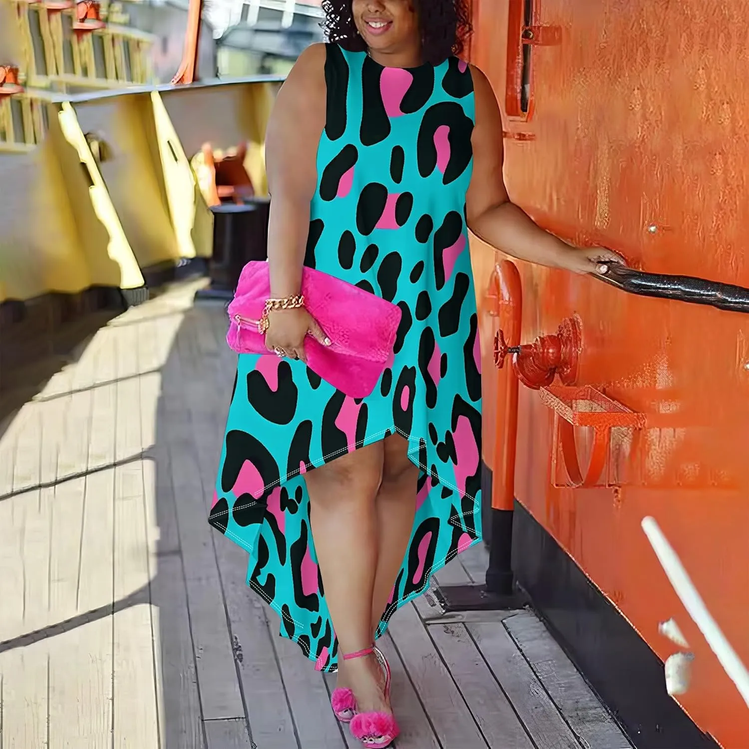 Plus Size Midi Dress for Women Casual Sleeveless Sundress High Low Asymmetrical Hem Tank Dresses Beach Vacation Dress