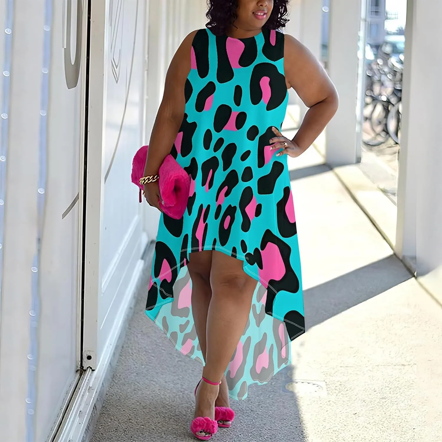 Plus Size Midi Dress for Women Casual Sleeveless Sundress High Low Asymmetrical Hem Tank Dresses Beach Vacation Dress