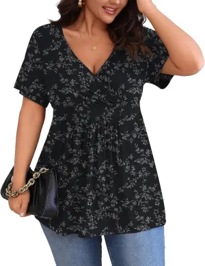 POSESHE Womens Plus Size Tops 2025 Summer Short Sleeves Tunic Tops Casual V-Neck Wrap Shirts Cute Dressy Work Blouses L-4XL