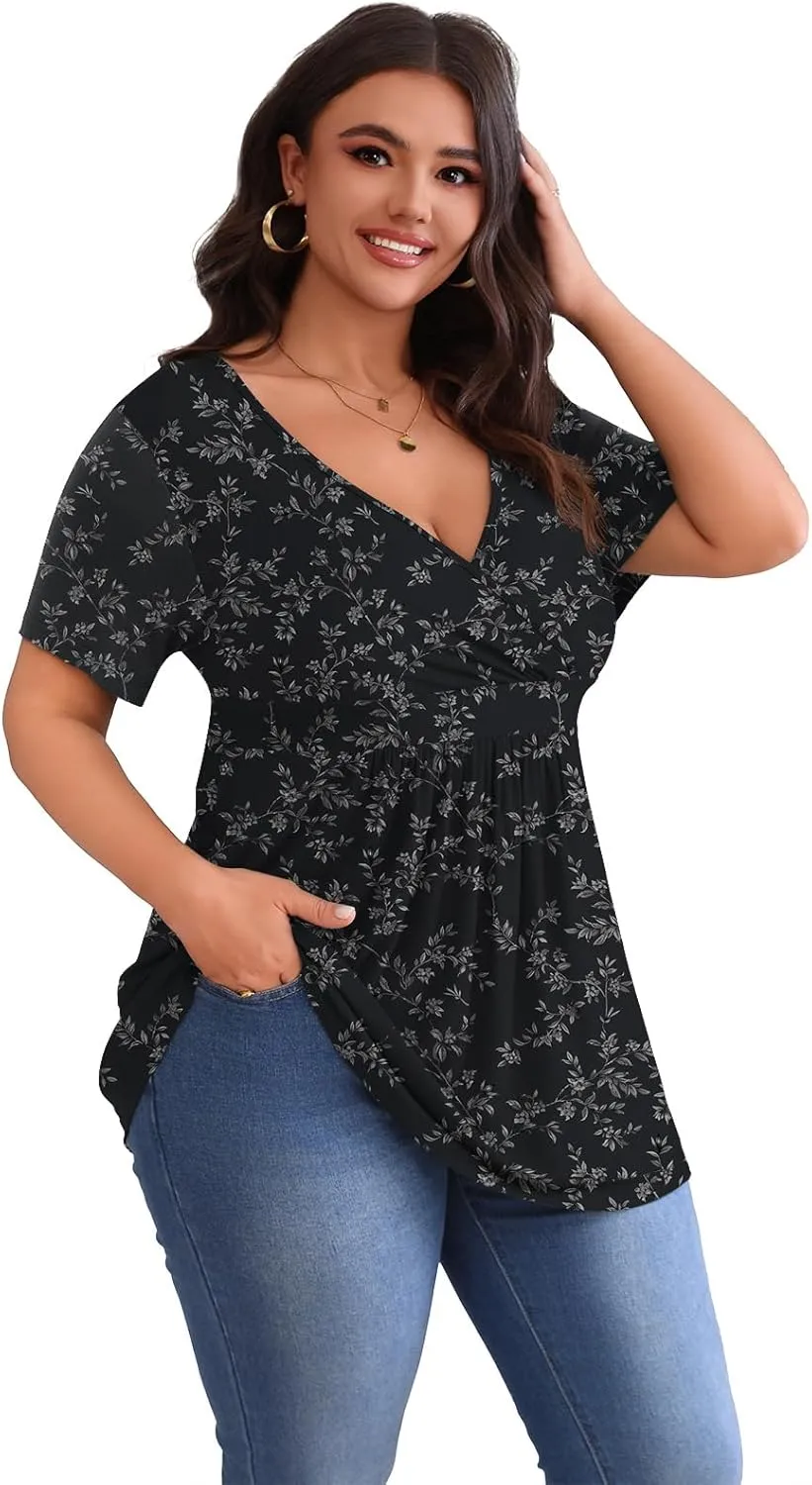 POSESHE Womens Plus Size Tops 2025 Summer Short Sleeves Tunic Tops Casual V-Neck Wrap Shirts Cute Dressy Work Blouses L-4XL