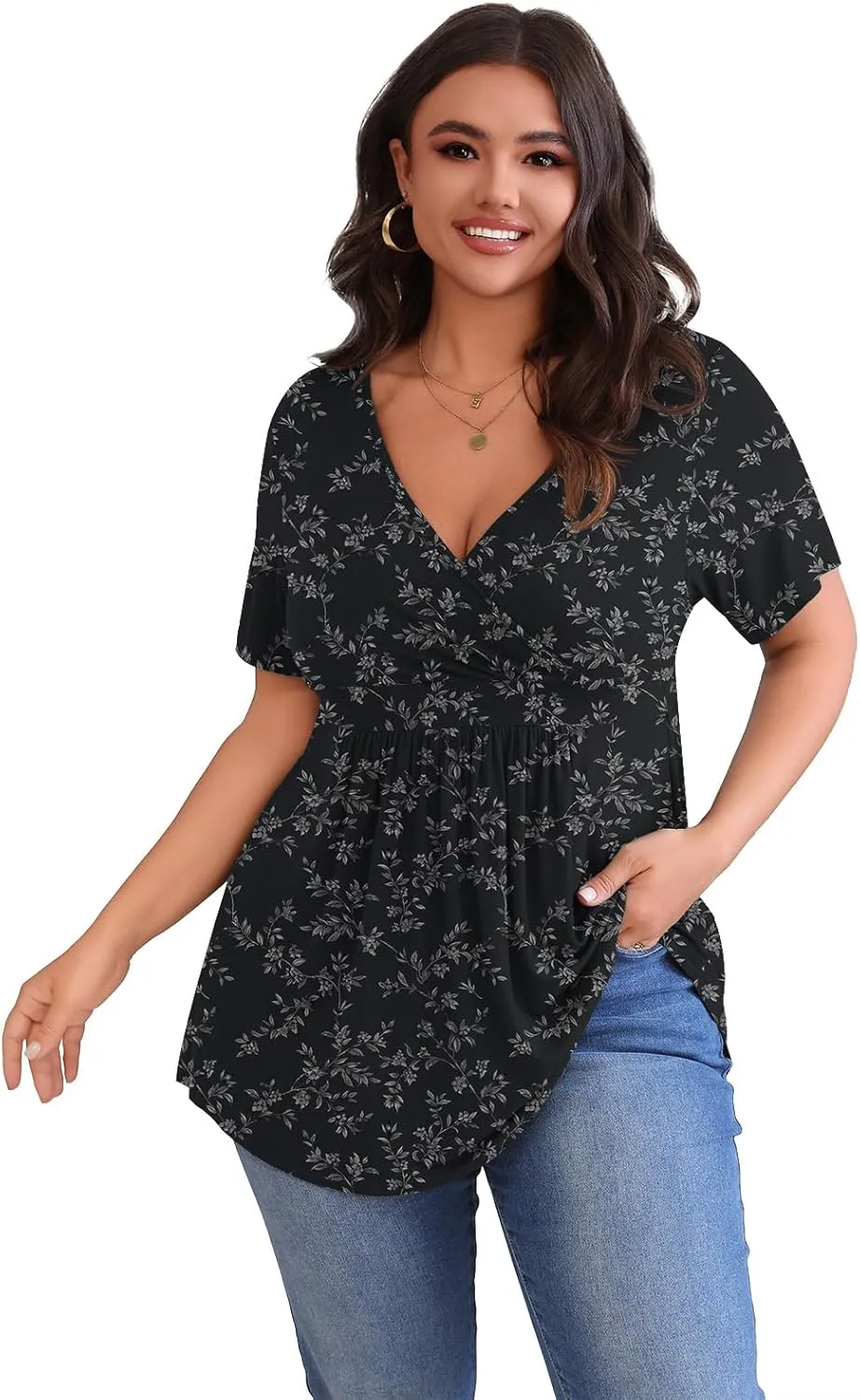 POSESHE Womens Plus Size Tops 2025 Summer Short Sleeves Tunic Tops Casual V-Neck Wrap Shirts Cute Dressy Work Blouses L-4XL