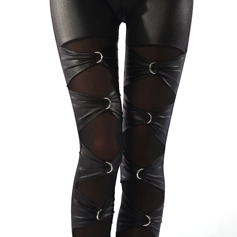 Punk rock metal leggings gothic lace up leggings