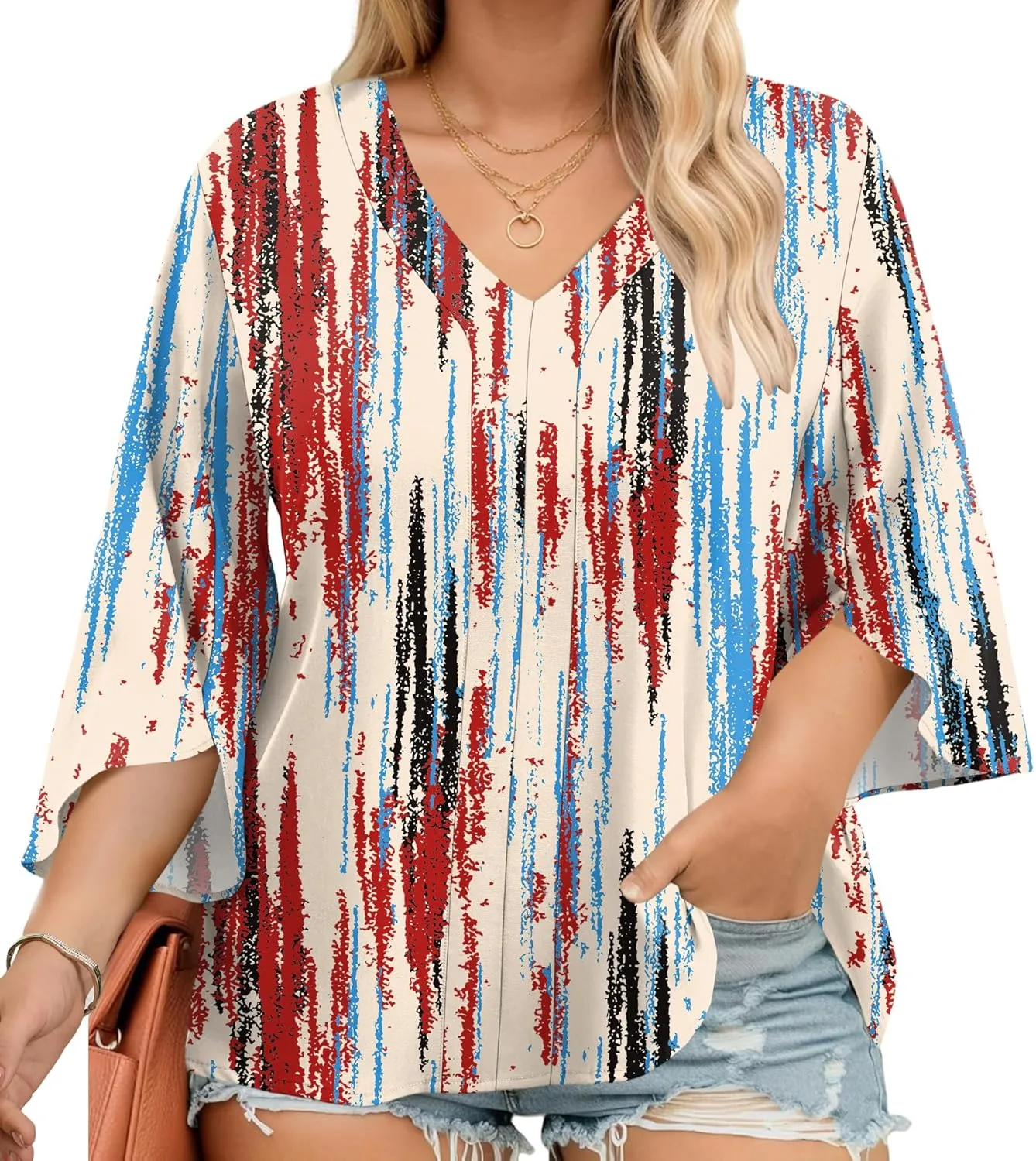 Romanstii Plus Size 3/4 Length Sleeve Womens Tops V-Neck Flowy Blouses Business Casual Summer Shirts 2025