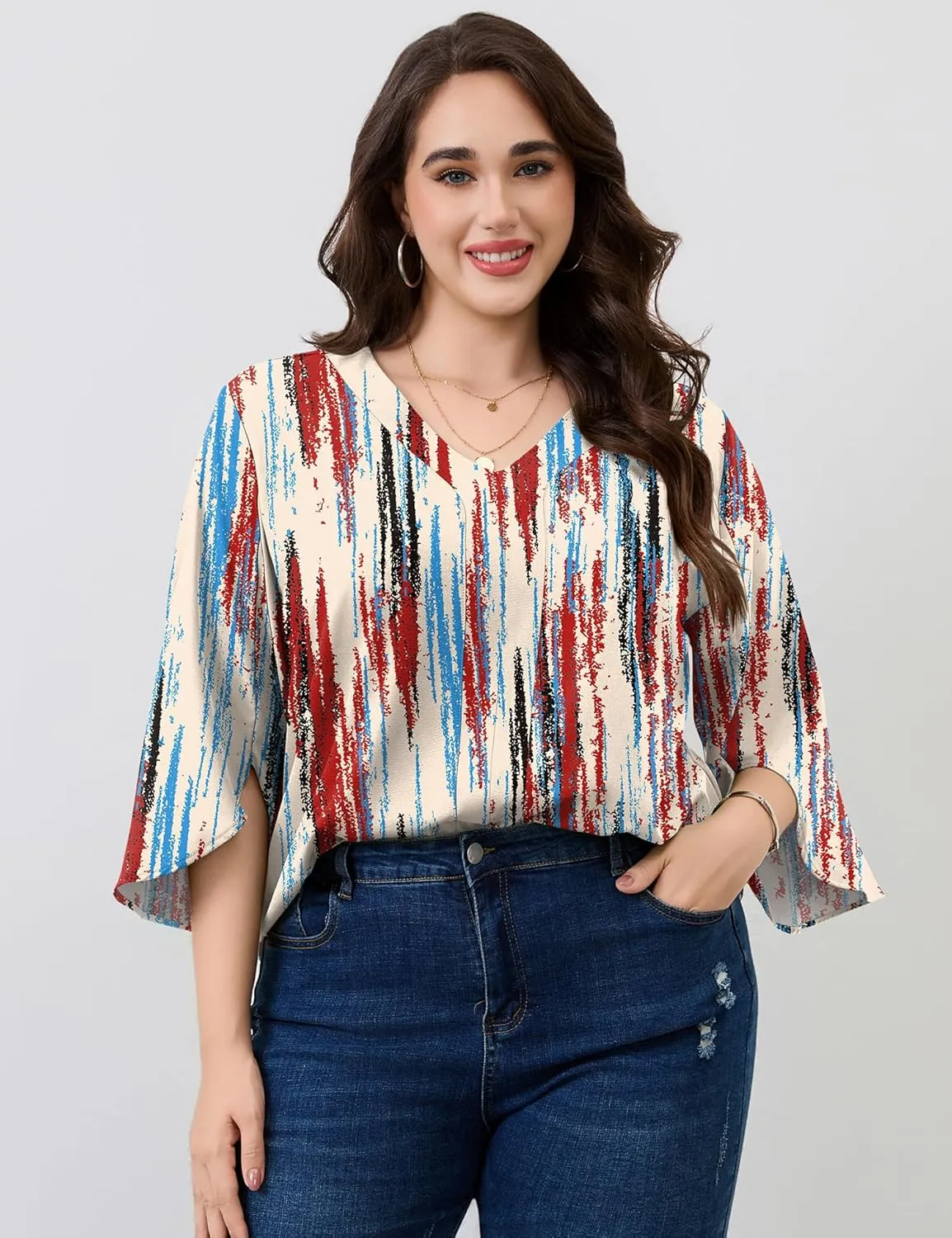 Romanstii Plus Size 3/4 Length Sleeve Womens Tops V-Neck Flowy Blouses Business Casual Summer Shirts 2025