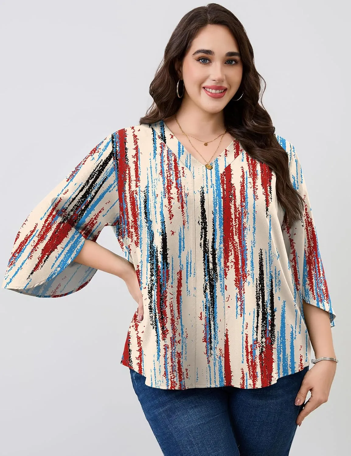 Romanstii Plus Size 3/4 Length Sleeve Womens Tops V-Neck Flowy Blouses Business Casual Summer Shirts 2025