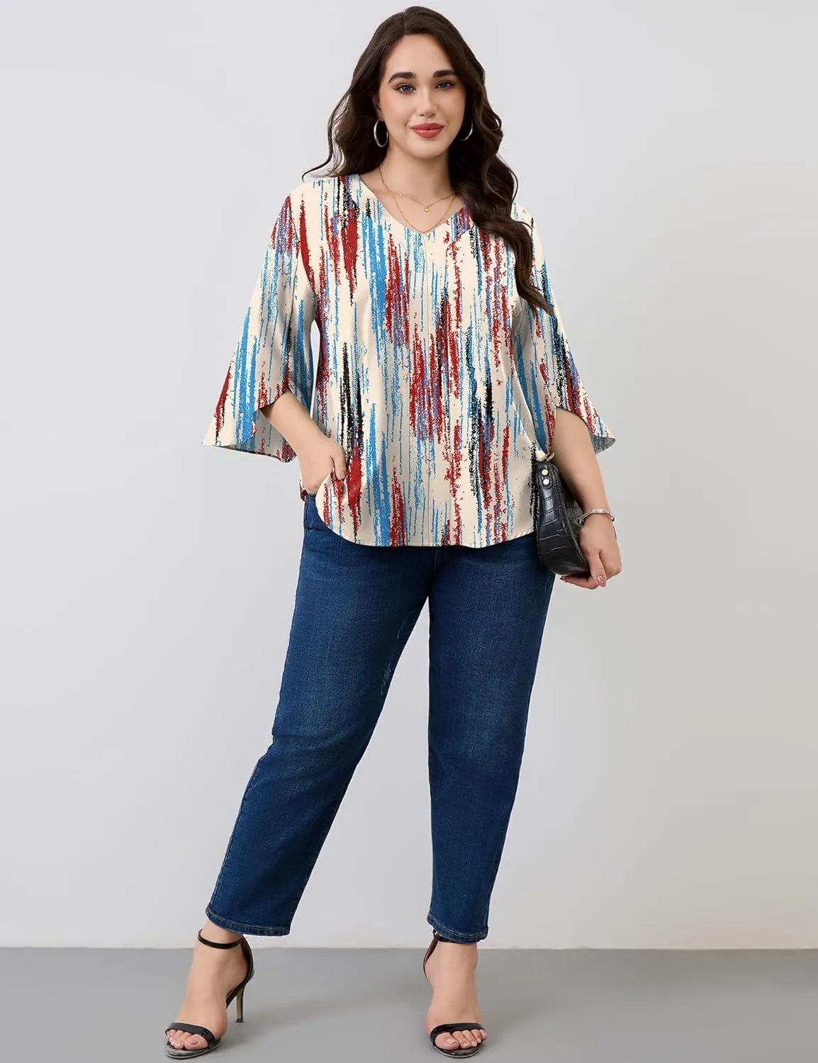 Romanstii Plus Size 3/4 Length Sleeve Womens Tops V-Neck Flowy Blouses Business Casual Summer Shirts 2025