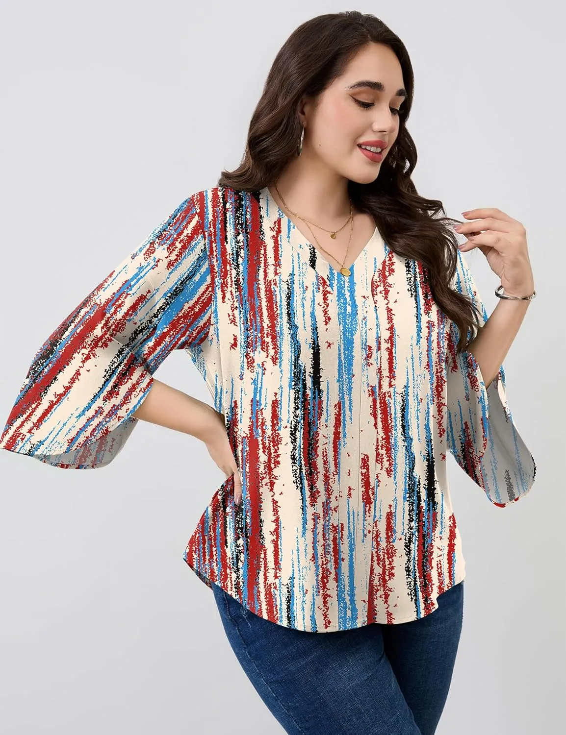 Romanstii Plus Size 3/4 Length Sleeve Womens Tops V-Neck Flowy Blouses Business Casual Summer Shirts 2025