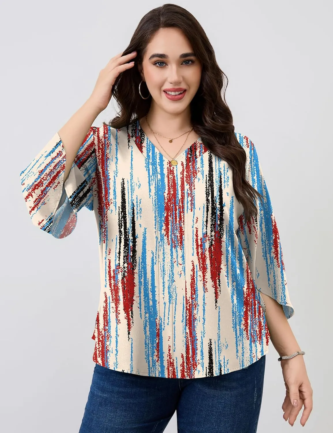 Romanstii Plus Size 3/4 Length Sleeve Womens Tops V-Neck Flowy Blouses Business Casual Summer Shirts 2025