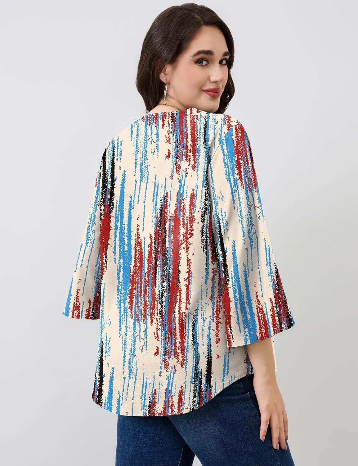 Romanstii Plus Size 3/4 Length Sleeve Womens Tops V-Neck Flowy Blouses Business Casual Summer Shirts 2025