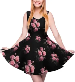 Roses Women's Dress Round Neck Dress Sleeveless Tank Dress Ruffle Hem Mini Dresses L