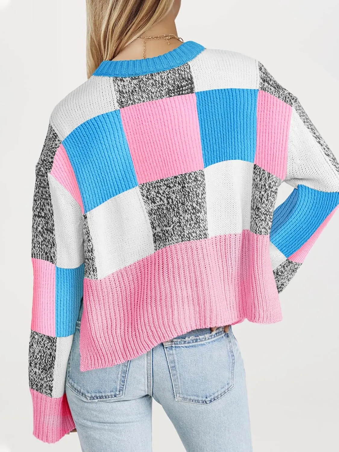 Saodimallsu Womens Checkered Sweater Cropped Oversized Trendy Fall Crew Neck Color Block Pullover Sweaters