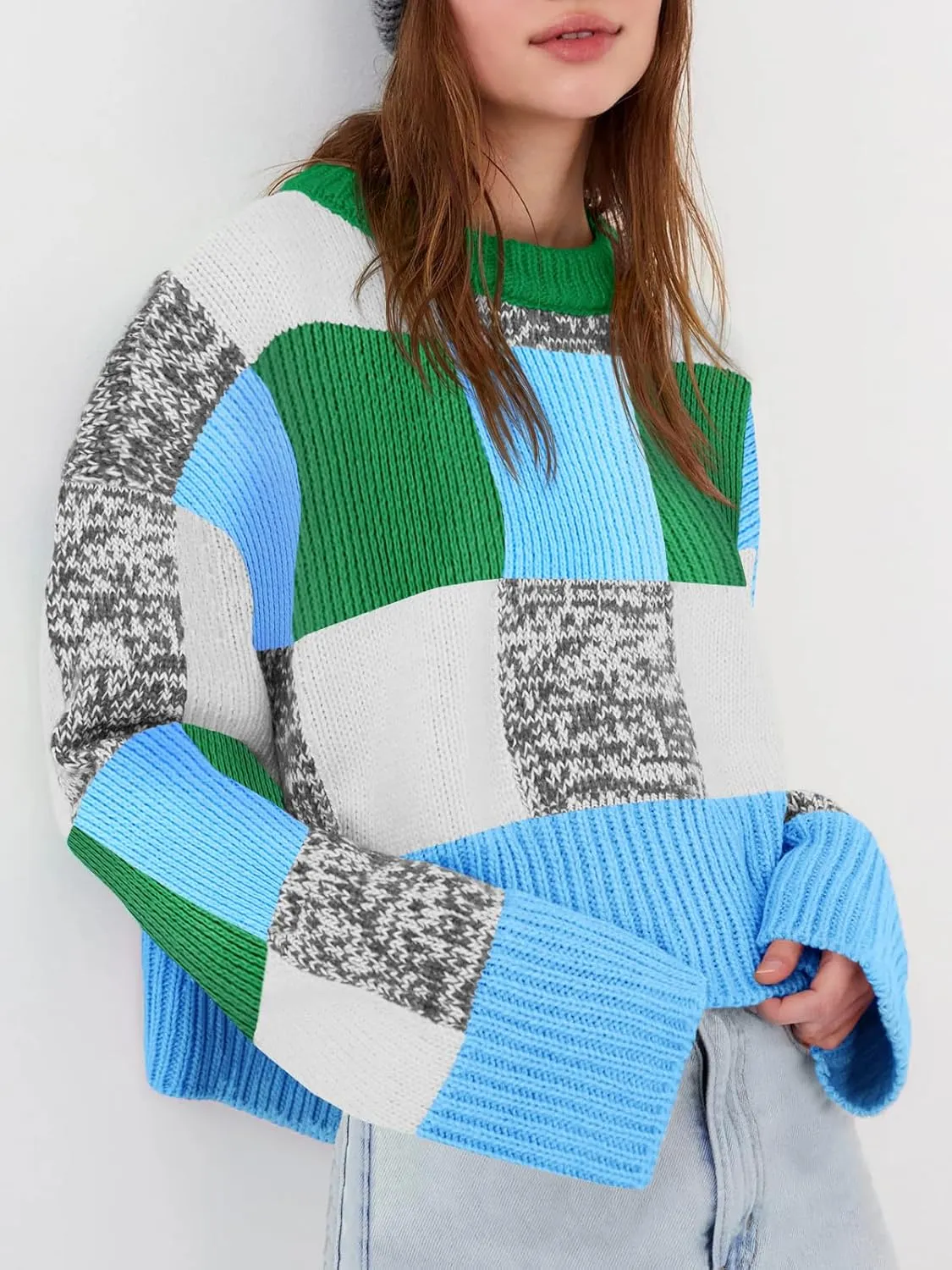 Saodimallsu Womens Checkered Sweater Cropped Oversized Trendy Fall Crew Neck Color Block Pullover Sweaters